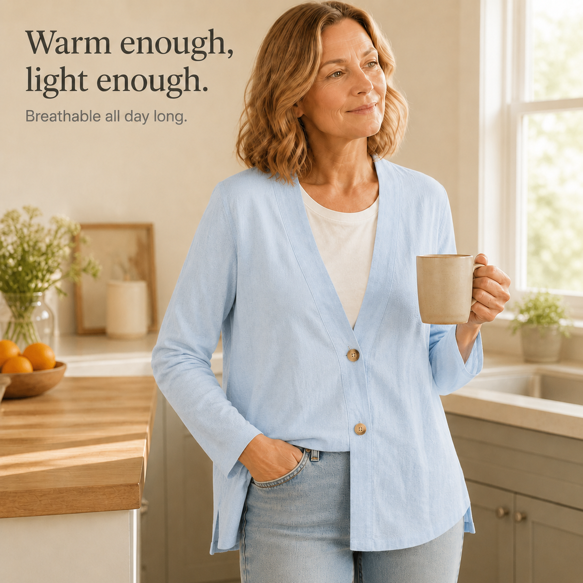 Feature panel of the light blue cardigan worn with a mug in a kitchen