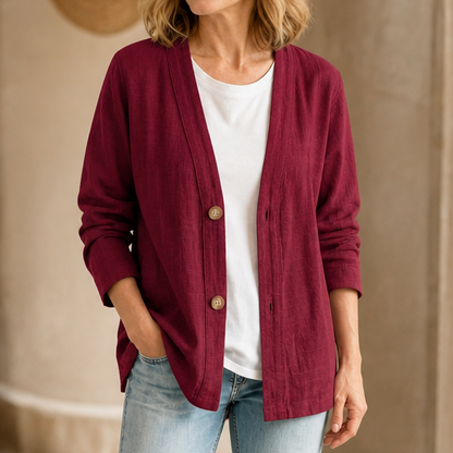 Burgundy lightweight open V neck cardigan worn over a white tee