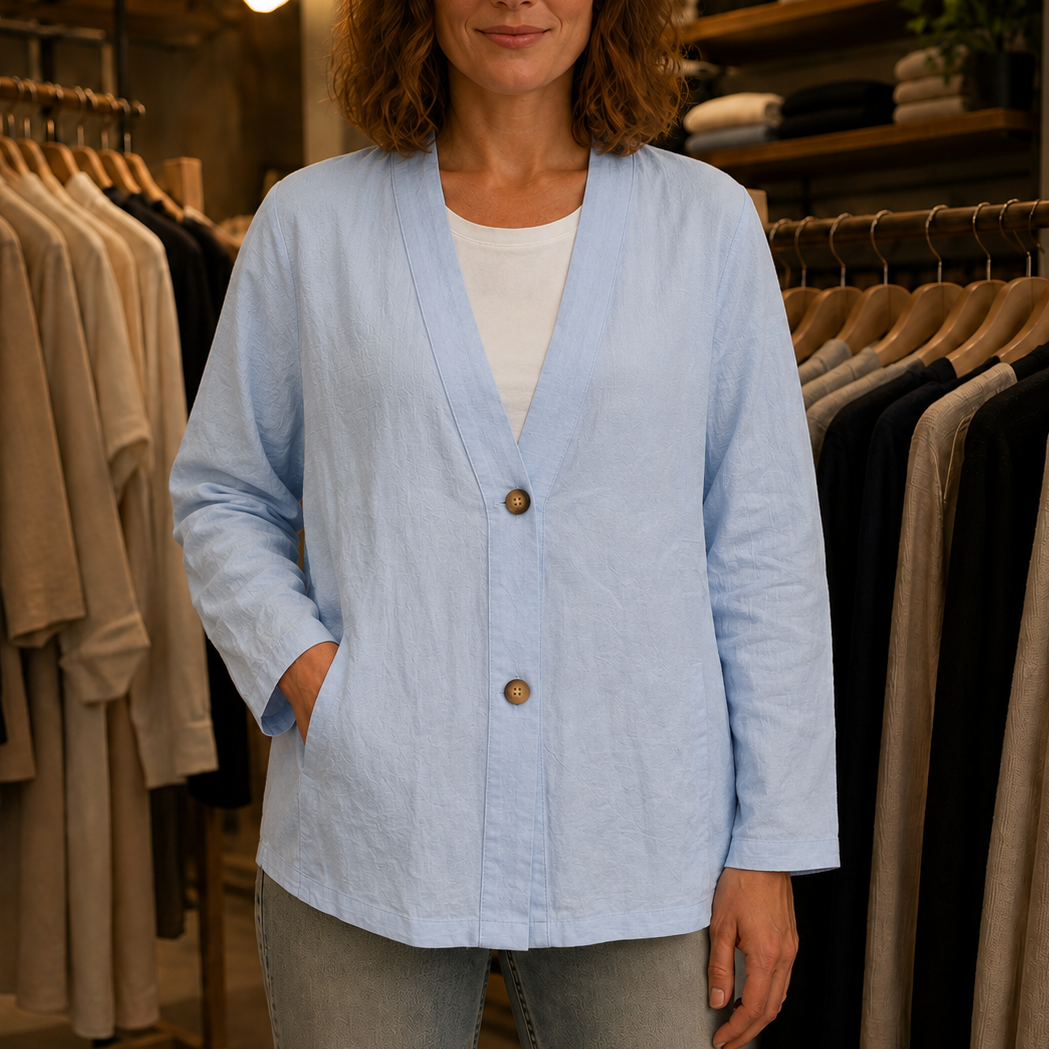 Light blue lightweight open V neck cardigan with two buttons