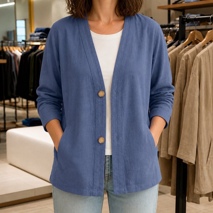 Denim blue lightweight open V neck cardigan with side pockets
