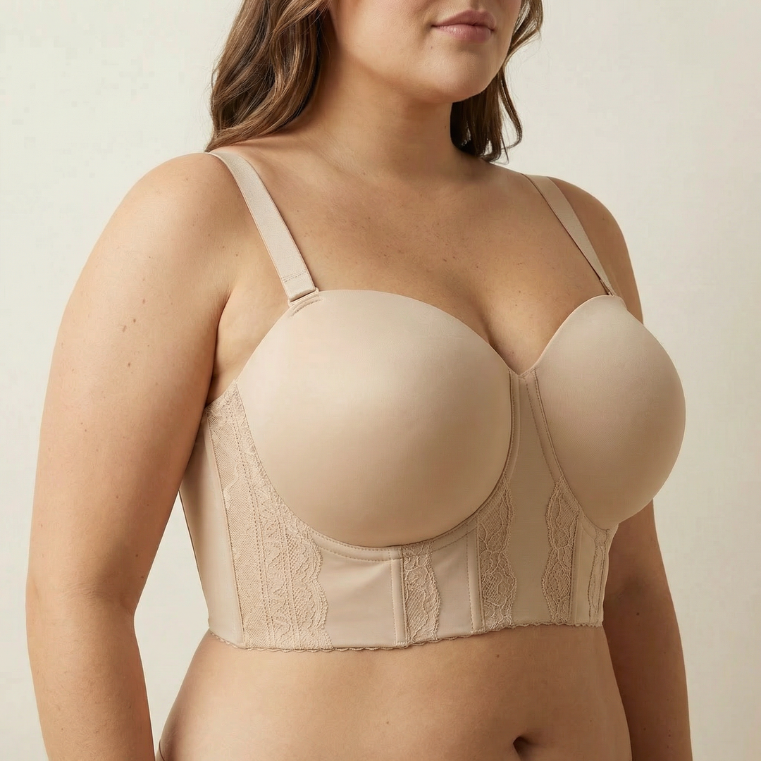Nude longline strapless bra with a wide banded body