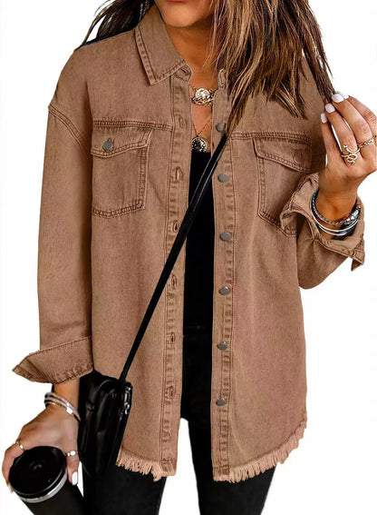 Camel longline denim jacket with a frayed hem