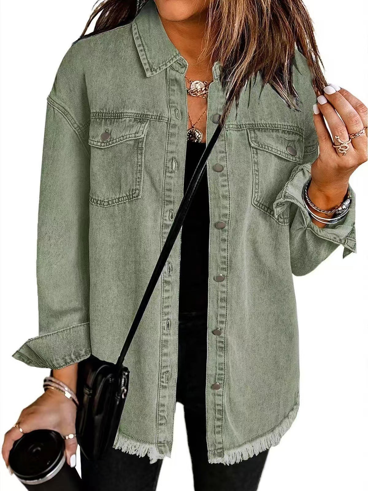 Sage green longline denim jacket with a frayed hem