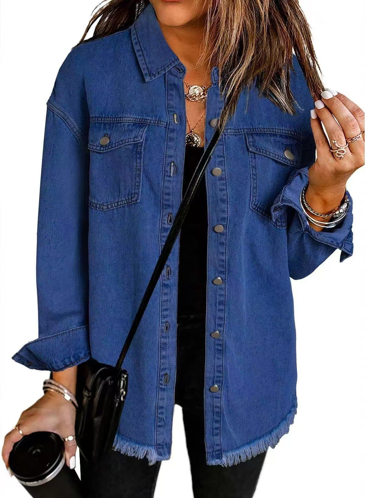Bright blue longline denim jacket with a frayed hem