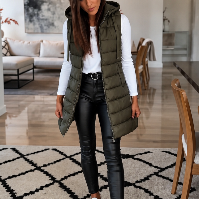 Olive longline hooded quilted vest worn with leather leggings