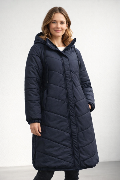 Navy longline hooded quilted winter coat with side pockets