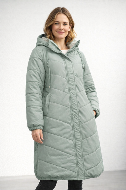 Sage longline hooded quilted winter coat with side pockets