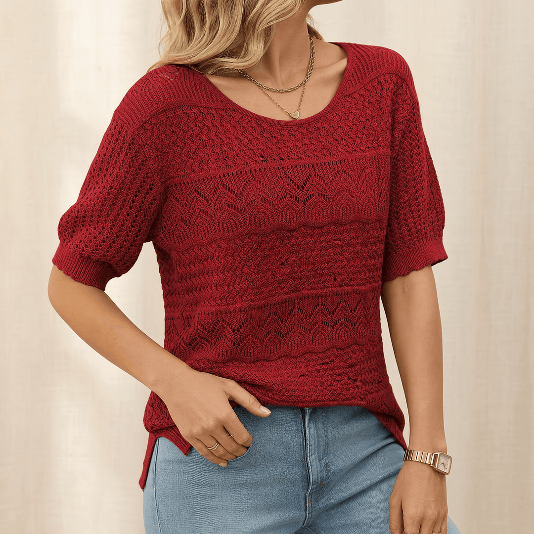 Burgundy openwork knit top with mixed pointelle textures and short sleeves