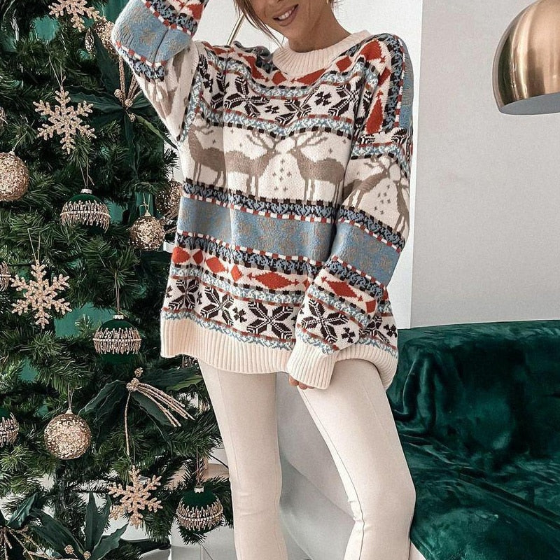Cream and blue nordic reindeer oversized sweater with fair isle bands