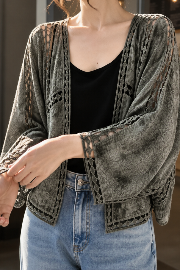 Olive openwork lace oversized cardigan with wide bell sleeves