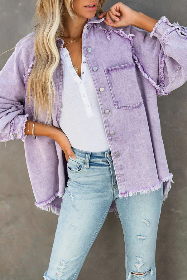 Lilac oversized frayed denim shirt jacket worn with ripped jeans
