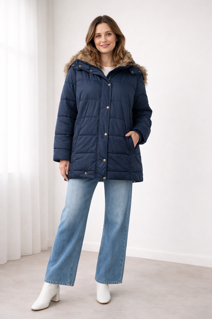 Navy quilted snap-front jacket with a faux fur trimmed hood