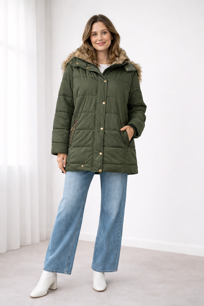 Olive quilted snap-front jacket with a faux fur trimmed hood