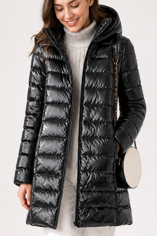 Glossy black ultralight hooded puffer coat with a longline hem
