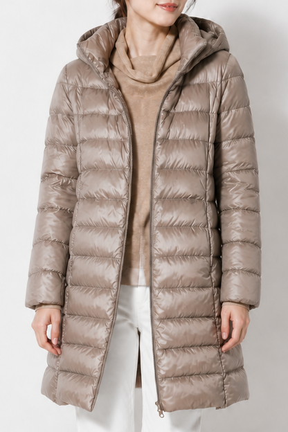 Taupe ultralight hooded puffer coat with a funnel neck
