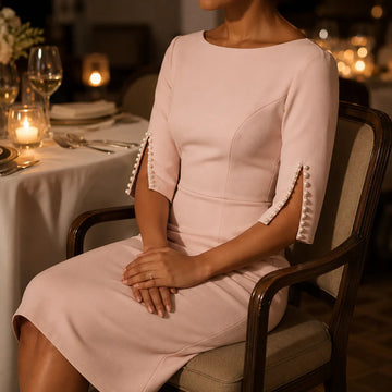 Pearl Trim Sleeve Pencil Midi Dress
