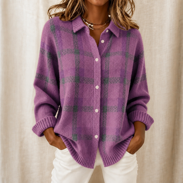 Plaid Knit Shirt Collar Cardigan