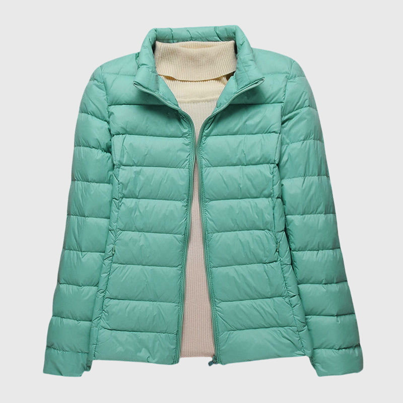 Mint quilted puffer jacket with a stand collar, flat lay