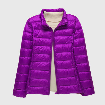 Purple lightweight quilted puffer jacket with a stand collar