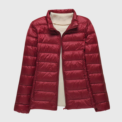 Burgundy lightweight quilted puffer jacket with a stand collar