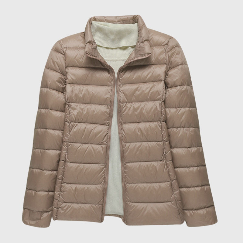 Taupe lightweight quilted puffer jacket with a stand collar