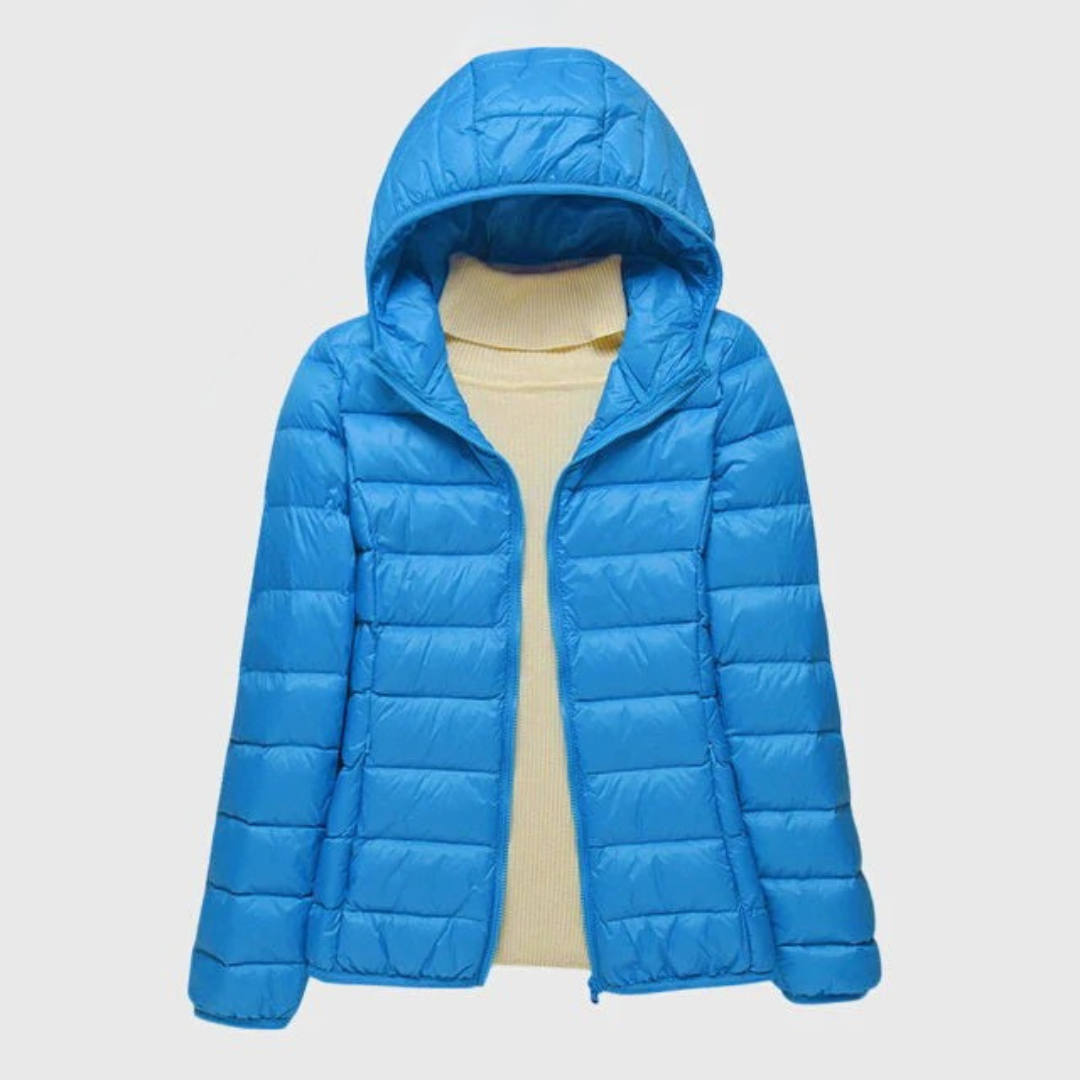 Bright blue lightweight quilted puffer jacket with a hood