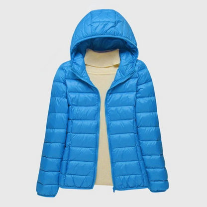Bright blue lightweight quilted puffer jacket with a hood