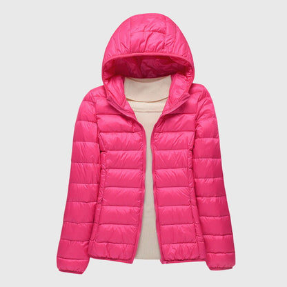 Fuchsia lightweight quilted puffer jacket with a hood, flat lay