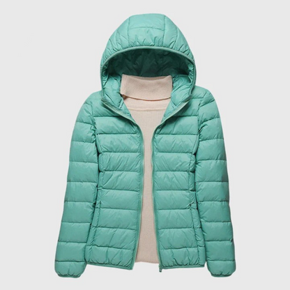 Mint lightweight quilted puffer jacket with a hood, flat lay