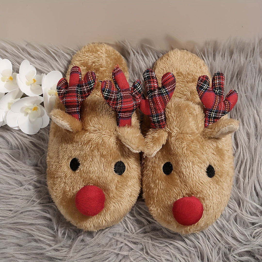 Tan fluffy reindeer slide slippers with tartan antlers and red pom noses