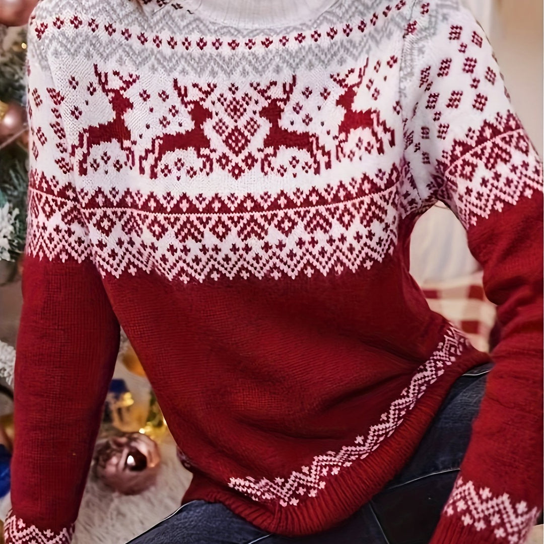 Burgundy fair isle turtleneck sweater with a white reindeer yoke