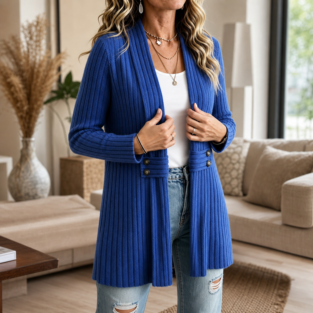 Blue ribbed knit peplum cardigan with buttoned waist tabs
