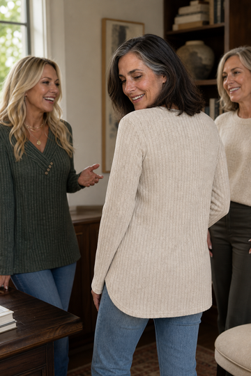 Ribbed V Neck Button Detail Sweater
