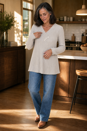 Ribbed V Neck Button Detail Sweater