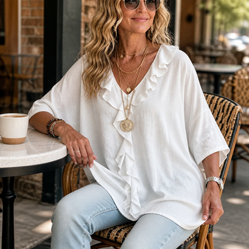 Ruffle Placket V Neck Blouse