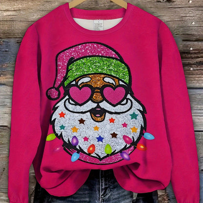 Hot pink sweatshirt with a Santa in heart sunglasses and string lights