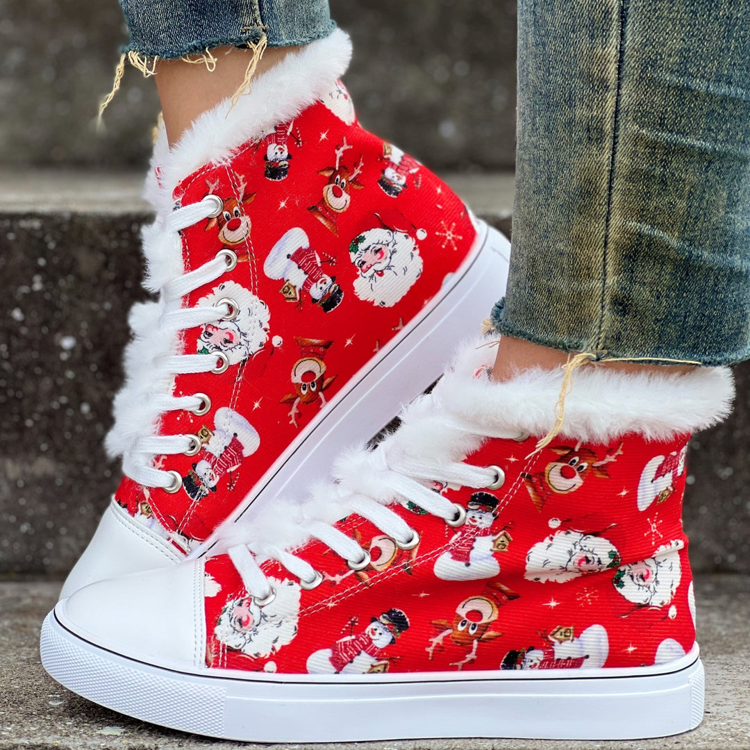 Red high top sneakers with a Santa print and white faux fur trim