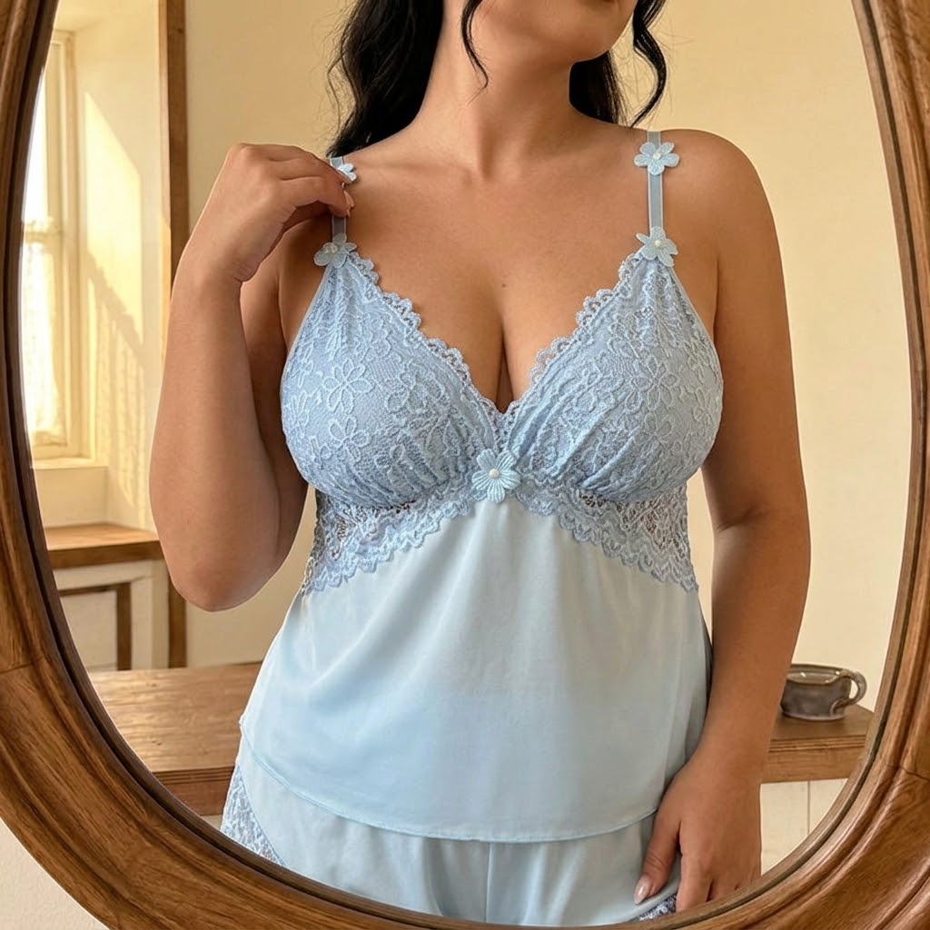 Woman adjusting the strap of a blue satin cami at a mirror