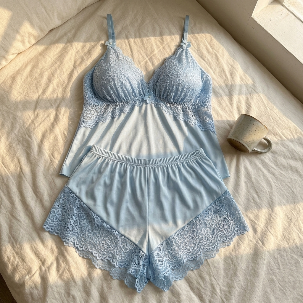 Blue satin cami and shorts laid flat on a bed