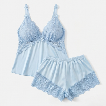 Blue satin lace-bust cami and shorts set laid flat