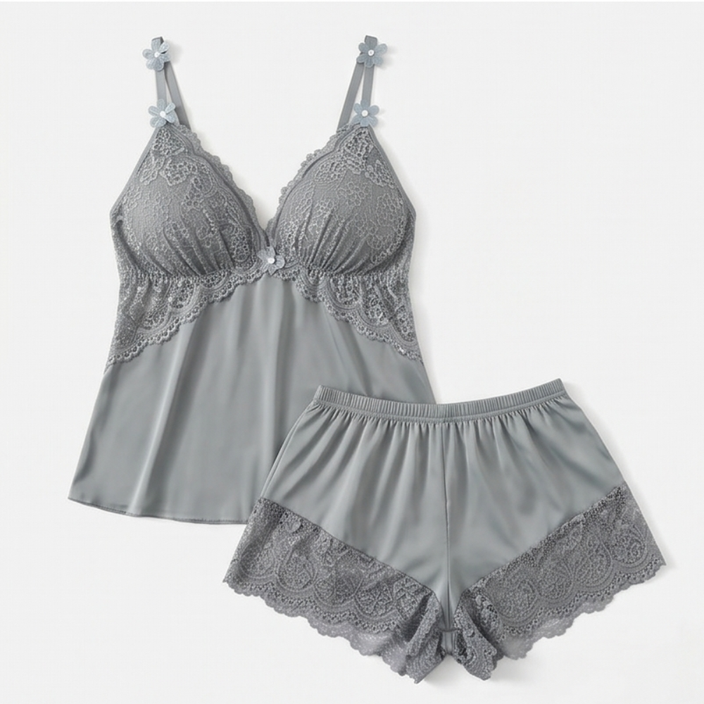 Grey satin cami and shorts set with lace bust panels