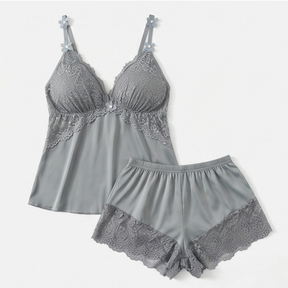 Grey satin cami and shorts set with lace bust panels