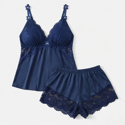 Navy satin cami and shorts set with lace bust panels
