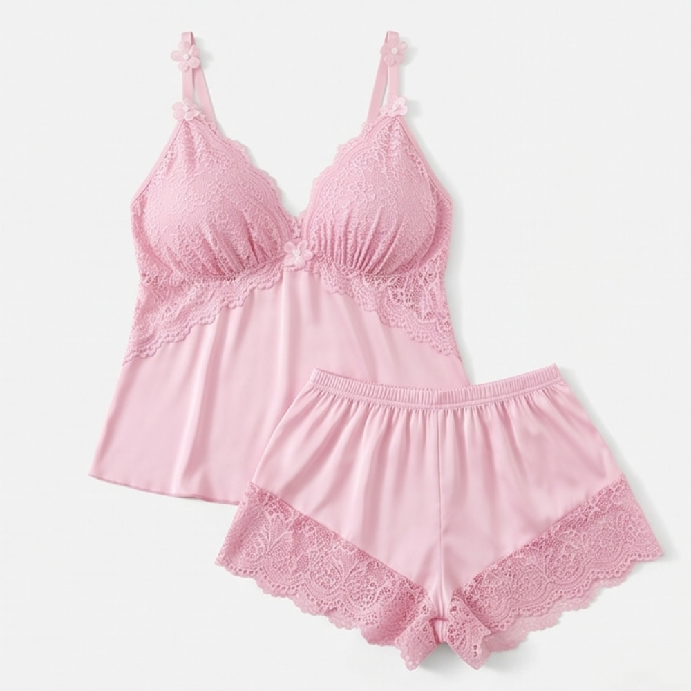 Pink satin lace-bust cami and shorts set laid flat