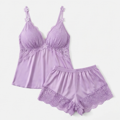 Lilac satin cami and shorts set with lace bust panels