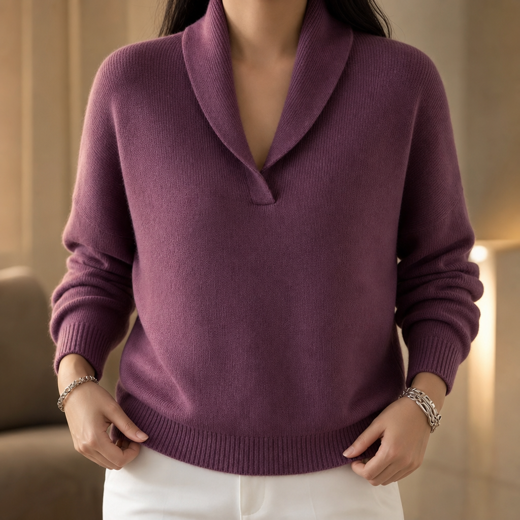Plum shawl collar ribbed knit pullover with long sleeves