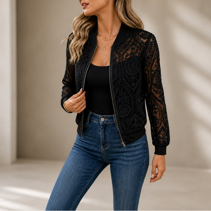 Black sheer floral lace bomber jacket worn with jeans