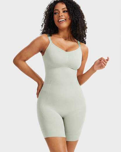 Sage green sculpting bodysuit with shorts and thin straps