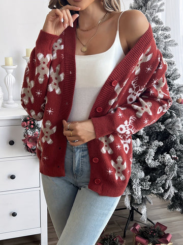 Snowflake Print Knit Button Cardigan