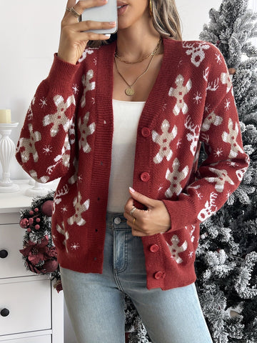 Snowflake Print Knit Button Cardigan